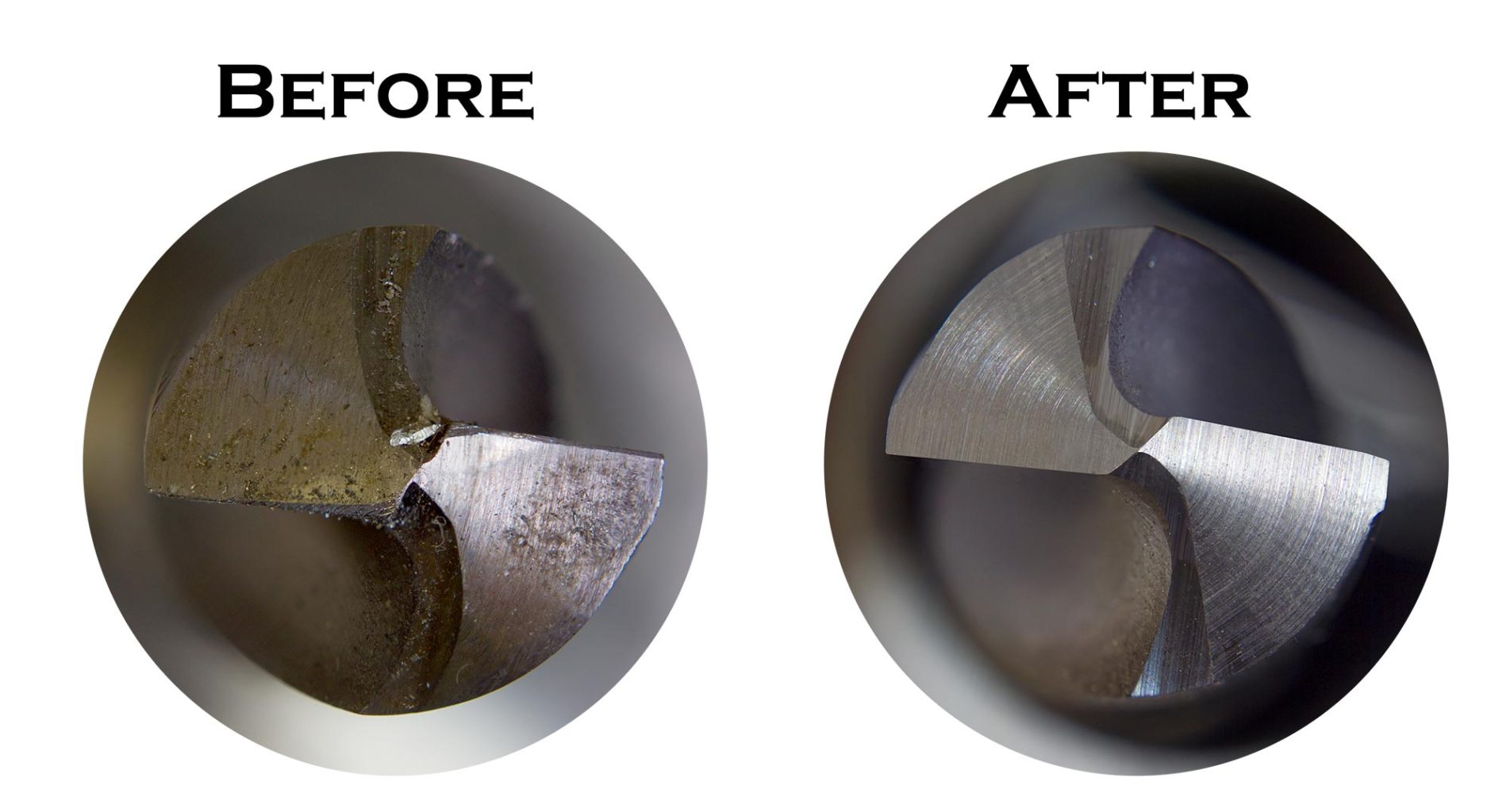 Cuttermasters' drill point grinders. Before and after